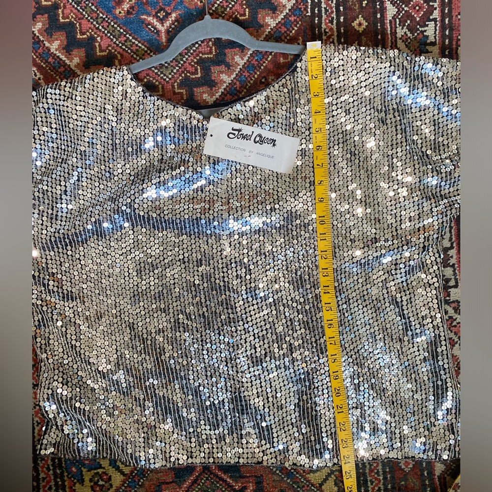 Vintage Silver Sequins Top XL 2X Deadstock Silk Boxy Crop Disco Jewel Queen - Picture 11 of 11